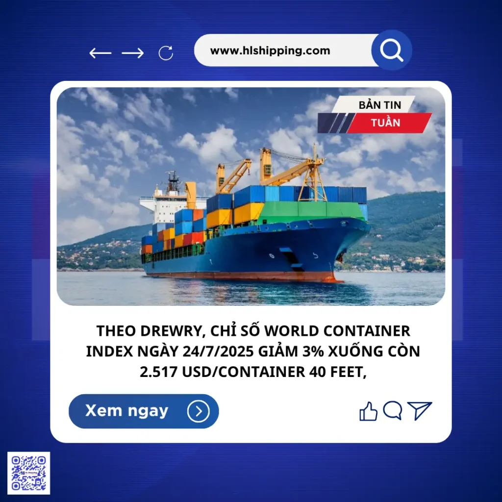 Theo Drewry, chỉ số World Container Index ngày 24/7/2025 giảm 3% xuống còn 2.517 USD/container 40 feet,