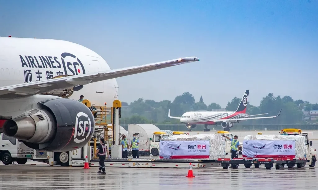 Đội ngũ dịch vụ mặt đất dỡ hàng từ máy bay cargo. (Ảnh: VCG)