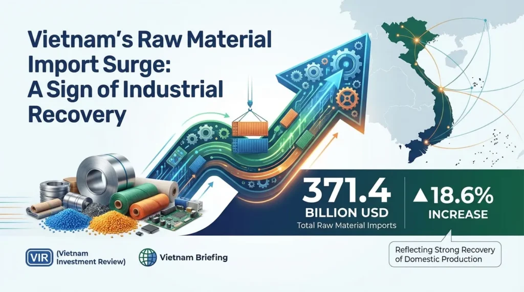 Theo VIR (Vietnam Investment Review) và Vietnam Briefing, nhập khẩu nguyên phụ liệu tăng lên mức 371,4 tỷ USD, tăng khoảng 18,6%, phản ánh sự phục hồi mạnh của sản xuất trong nước.