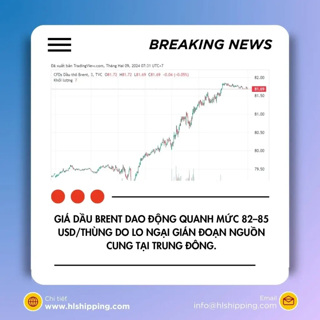 giá dầu Brent dao động quanh mức 82–85 USD/thùng do lo ngại gián đoạn nguồn cung tại Trung Đông.