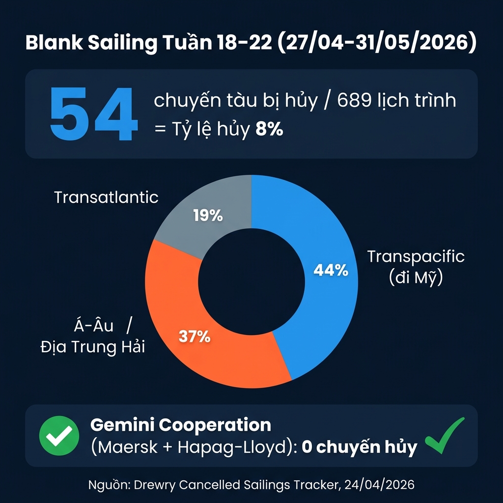 Blank Sailing tuần 18-22: 54 chuyến hủy, 44% Transpacific
