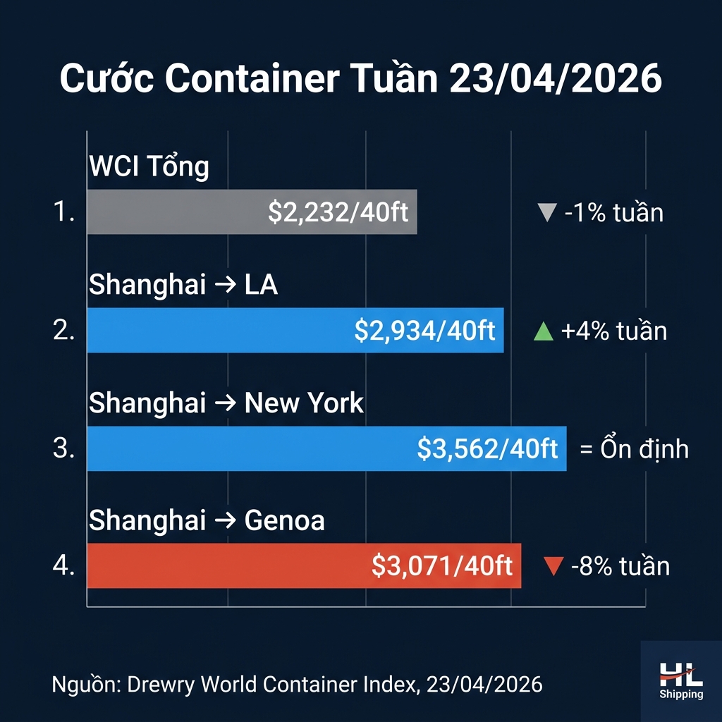 So sánh cước container các tuyến chính tuần 23/04/2026