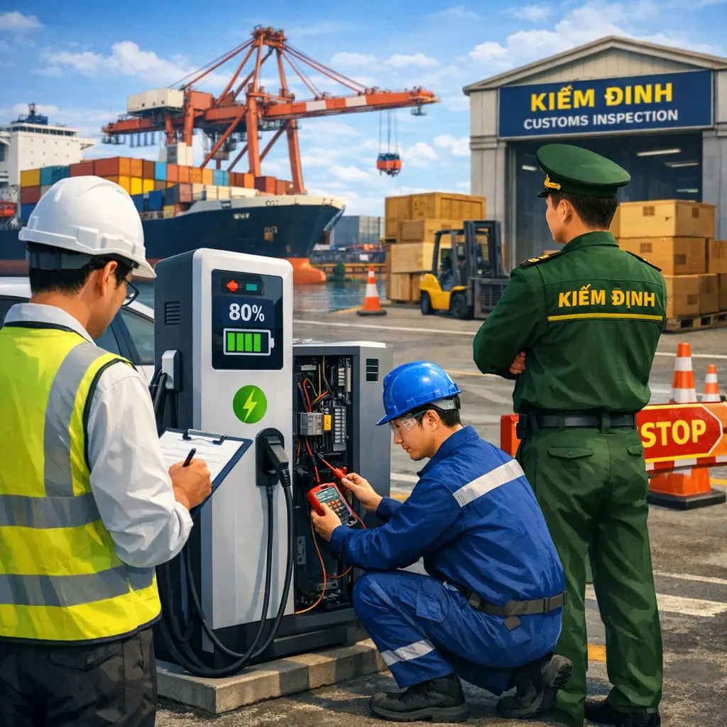 Điều kiện nhập khẩu và kiểm định bắt buộc 

Nhiều doanh nghiệp nhập khẩu trạm sạc lần đầu không biết rằng ngoài thủ tục hải quan, còn có một loạt yêu cầu kiểm tra kỹ thuật bắt buộc. Bỏ qua bước này là nguyên nhân hàng đầu khiến lô hàng bị giữ tại cảng, phát sinh chi phí lưu kho mỗi ngày.