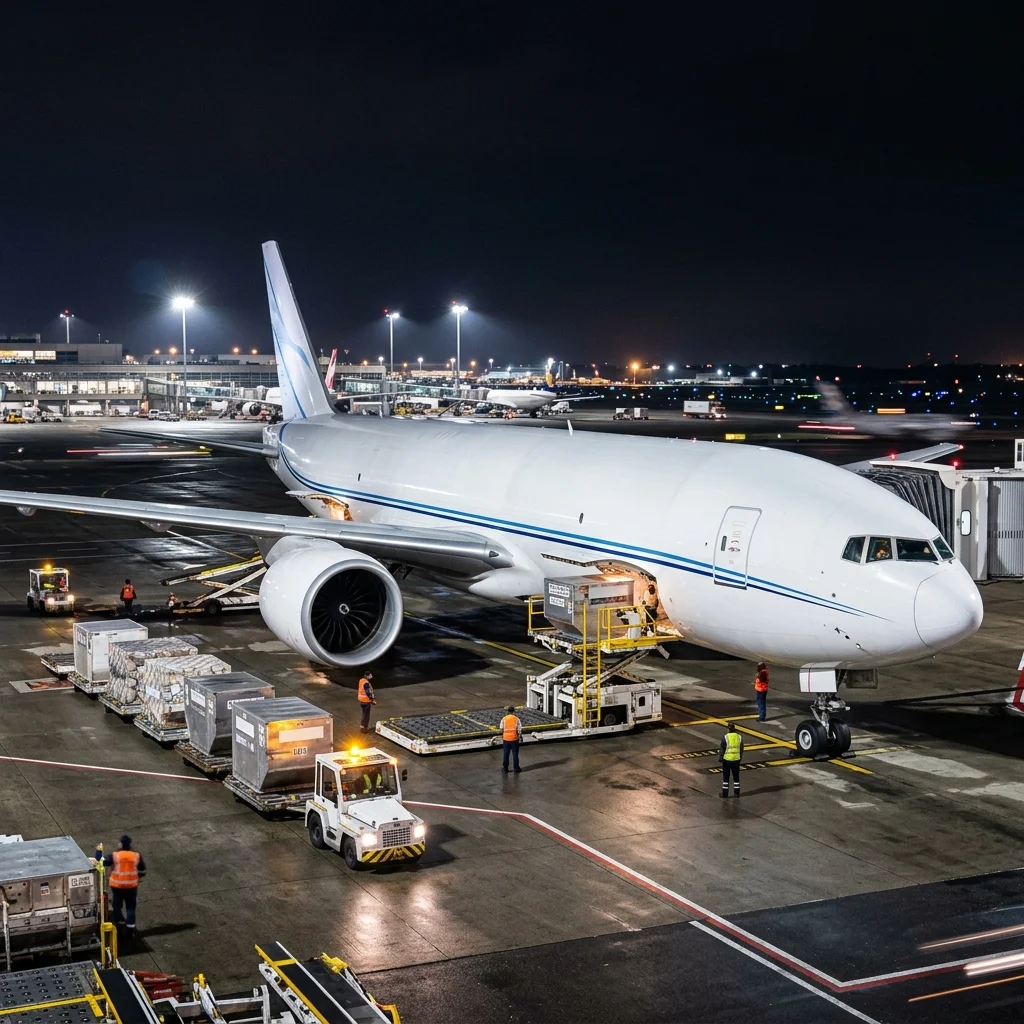 Boeing 777F freighter đang được bốc xếp hàng hóa tại sân bay quốc tế — vận tải hàng không air cargo