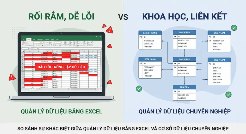 So sánh sự khác biệt giữa quản lý dữ liệu bằng Excel và cơ sở dữ liệu chuyên nghiệp.