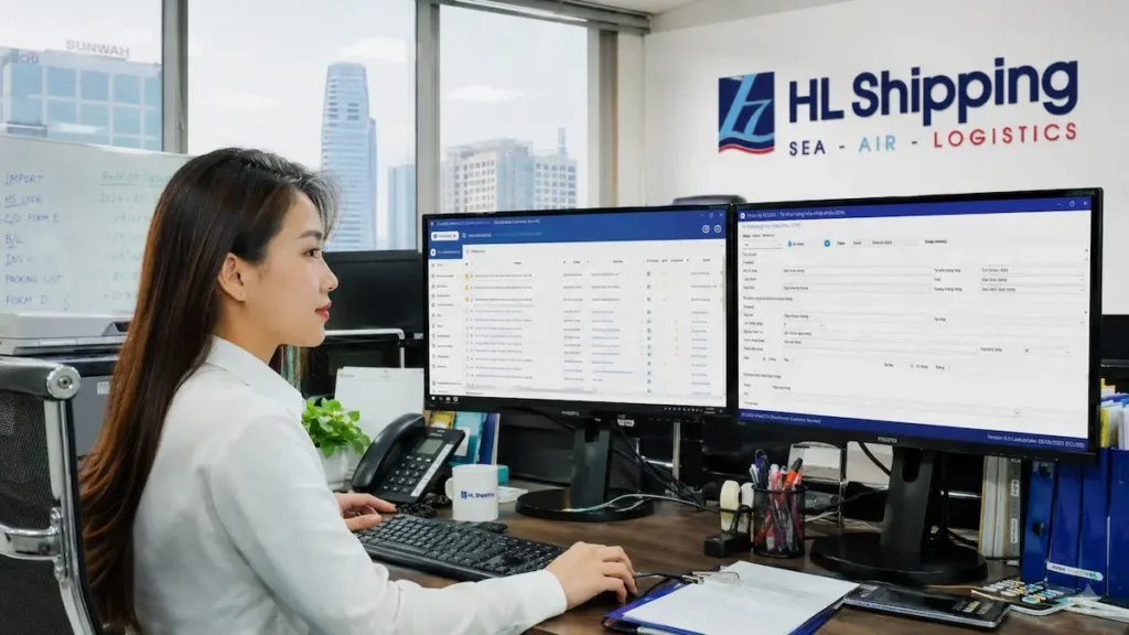 Nữ nhân viên chứng từ đang khai báo tờ khai hải quan điện tử trong văn phòng logistics.