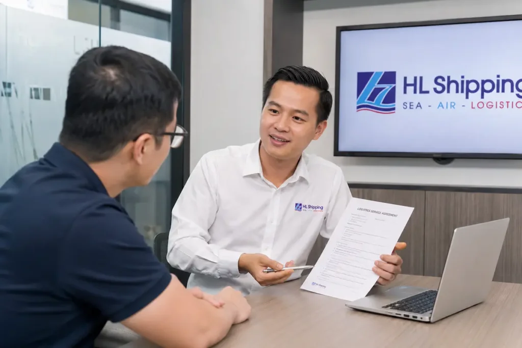 Chuyên gia logistics của HL Shipping đang tư vấn giải pháp cước biển dài hạn cho khách hàng.