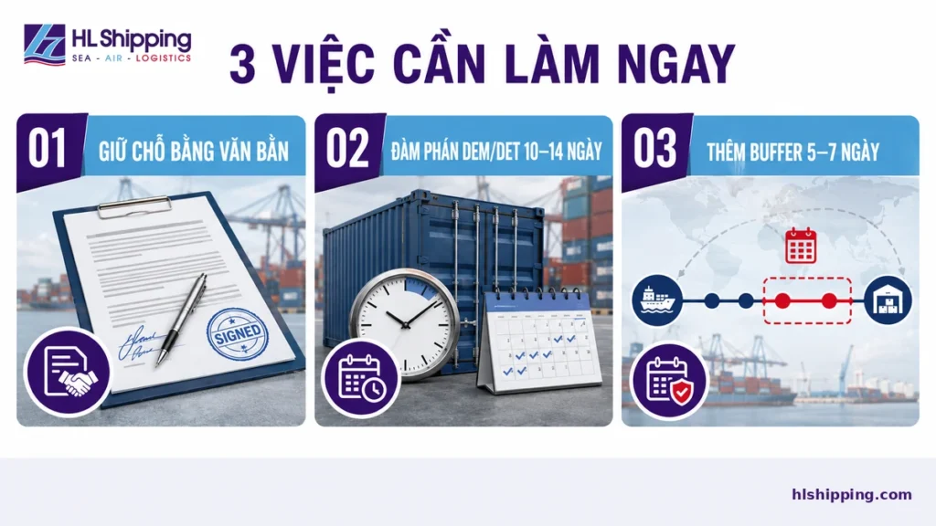 Ba việc doanh nghiệp cần làm khi cước biển biến động gồm giữ chỗ bằng văn bản, đàm phán DEM/DET và tăng thời gian đệm giao hàng.