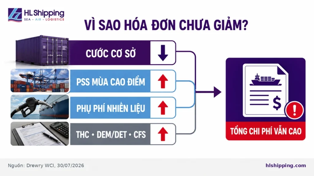 Sơ đồ giải thích cước cơ sở giảm nhưng PSS, phụ phí nhiên liệu và chi phí THC, DEM/DET, CFS khiến tổng hóa đơn vẫn cao.
