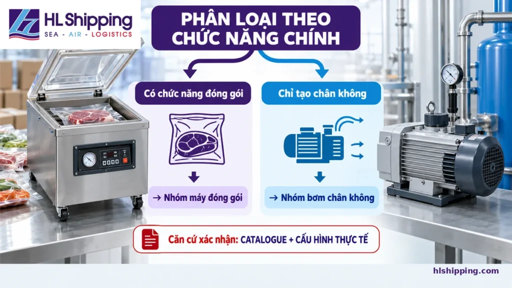 Sơ đồ phân biệt máy đóng gói hút chân không và bơm chân không theo chức năng chính.