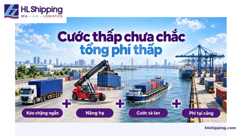 Các thành phần chi phí khi vận chuyển container bằng sà lan kết hợp xe kéo.