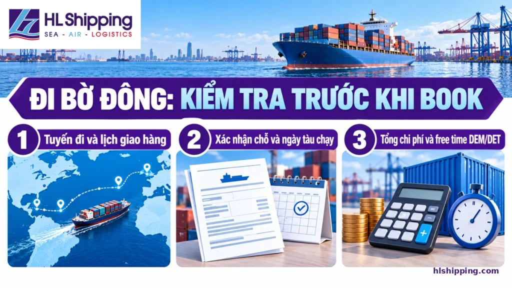 Checklist kiểm tra tuyến vận chuyển, xác nhận chỗ và tổng chi phí trước khi đặt tàu đi Bờ Đông Mỹ.