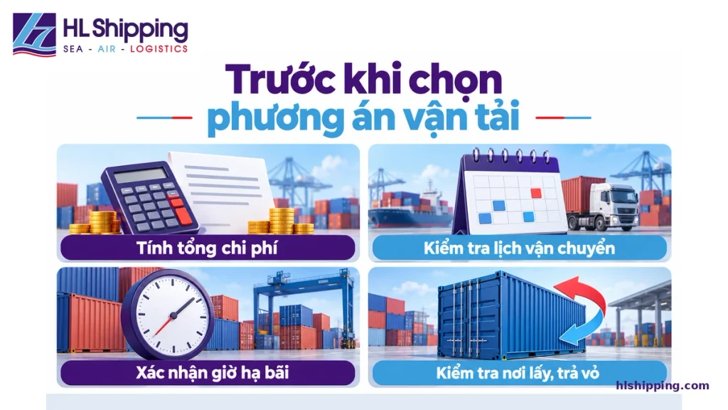 Checklist chi phí, lịch vận chuyển, giờ hạ bãi và nơi lấy trả container rỗng.