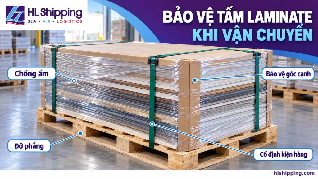 Minh họa bảo vệ góc cạnh, chống ẩm và cố định kiện tấm laminate trên pallet.