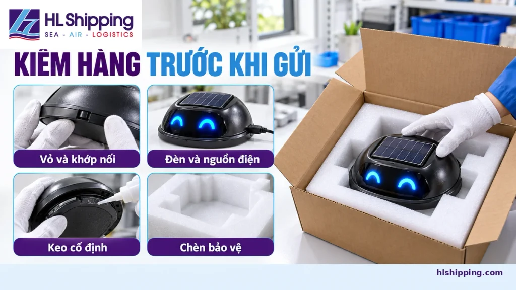 Checklist kiểm tra phụ kiện mái vòm và chèn bảo vệ trước khi vận chuyển.